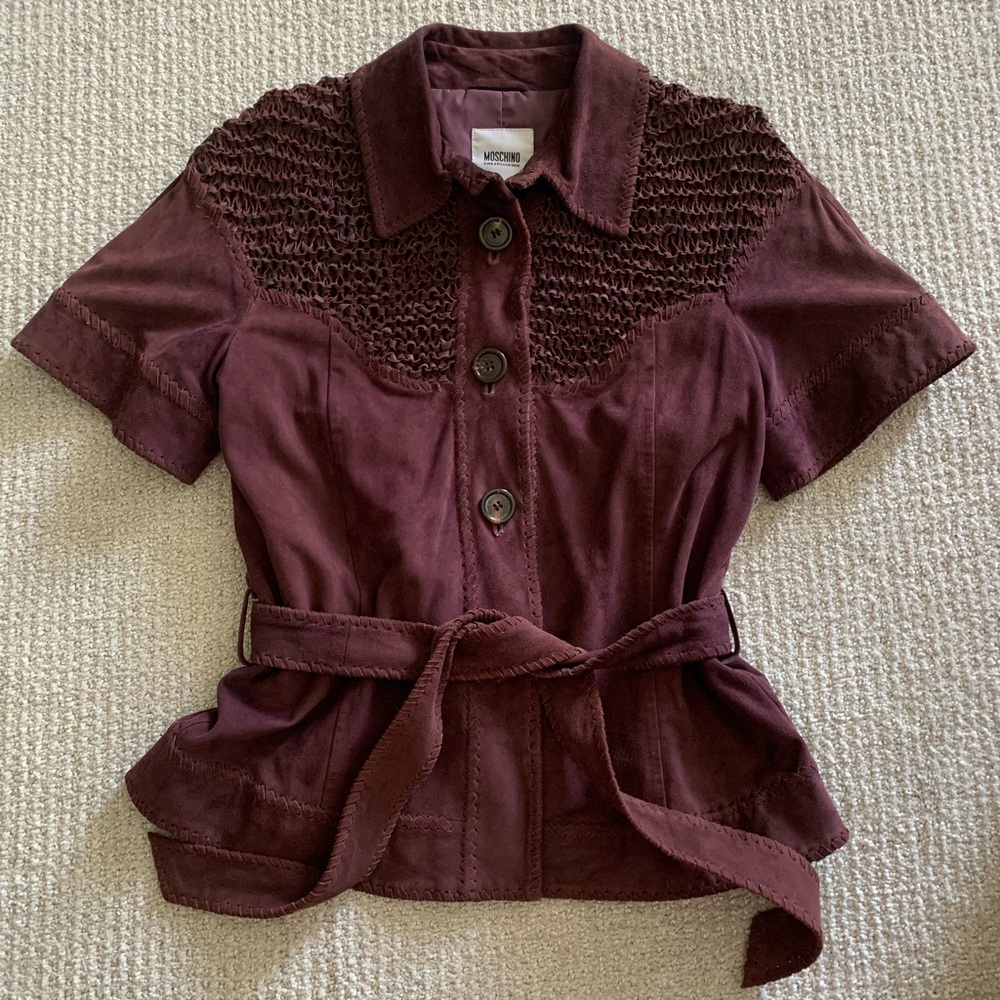 Pristine Moschino Cheap & Chic Wine Suede Jacket | Woven Yoke Detail